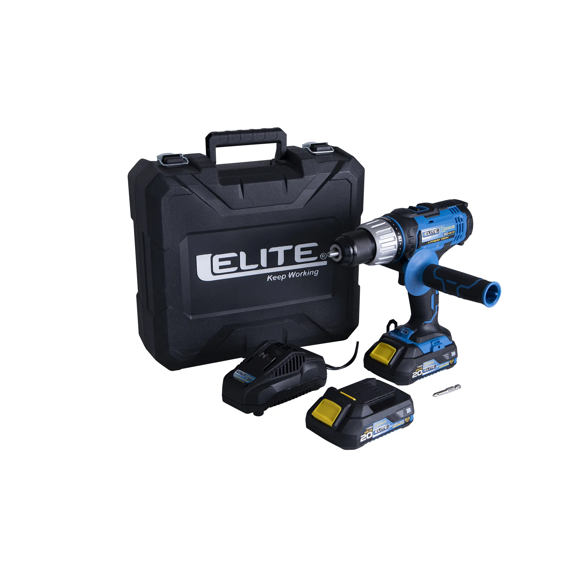 Taladro inalámbrico percutor 20V Mandril 2" - 13mm 1.650RPM ELITE XTREME con 2 Baterías, Cargador, Clip Cinturón, Punta Destornillador y Estuche Plástico